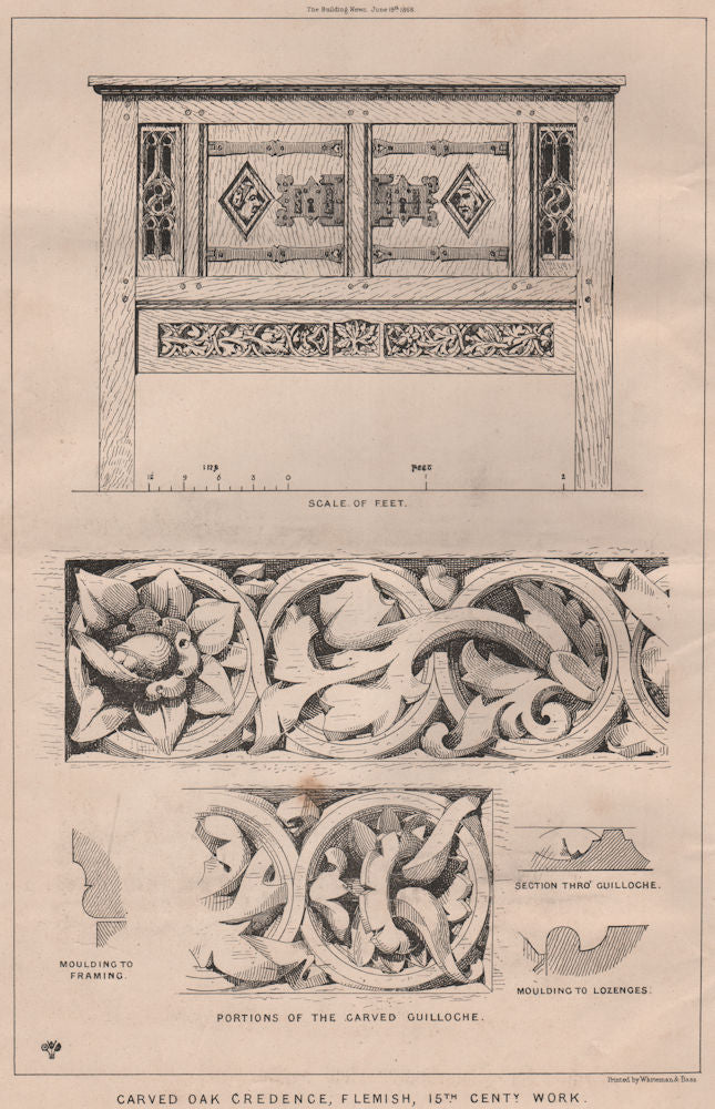 Carved oak credence, Flemish, 15th centy. work. Trees 1868 old antique print